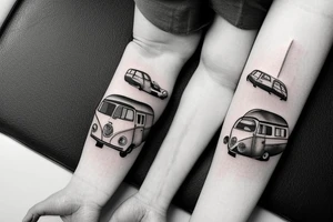 A tattoo with a campervan and a globe for three sisters tattoo idea