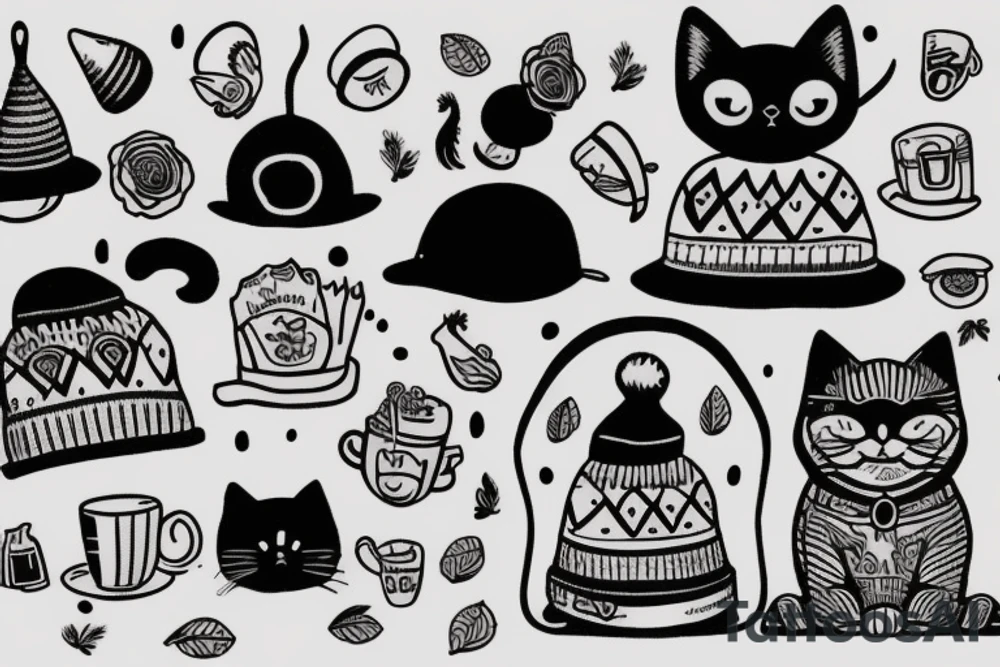 Black cat with a funny hat and a sweater tattoo idea