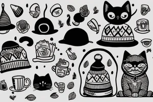 Black cat with a funny hat and a sweater tattoo idea