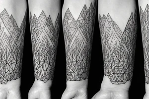 A minimalistic fox in a forest with mountains tattoo idea