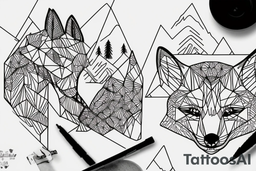 A fox in a forest with mountains tattoo idea