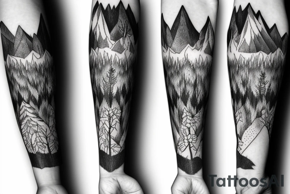 A fox in a forest with mountains tattoo idea