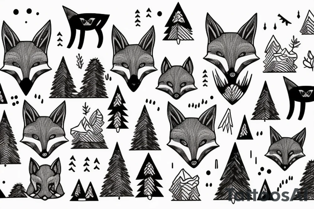 a fox in a forest with mountains tattoo idea