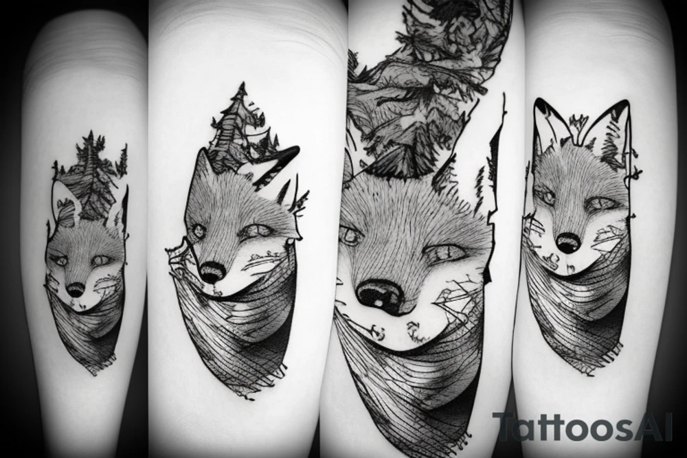 a fox in a forest with mountains tattoo idea