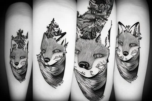 a fox in a forest with mountains tattoo idea