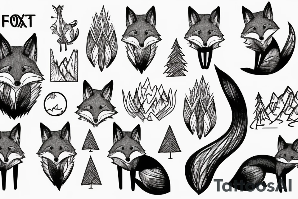 a fox in a forest with mountains tattoo idea