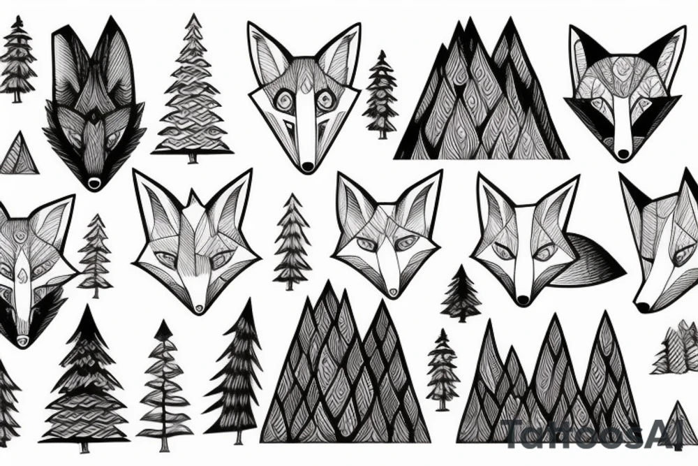 a fox in a forest with mountains tattoo idea