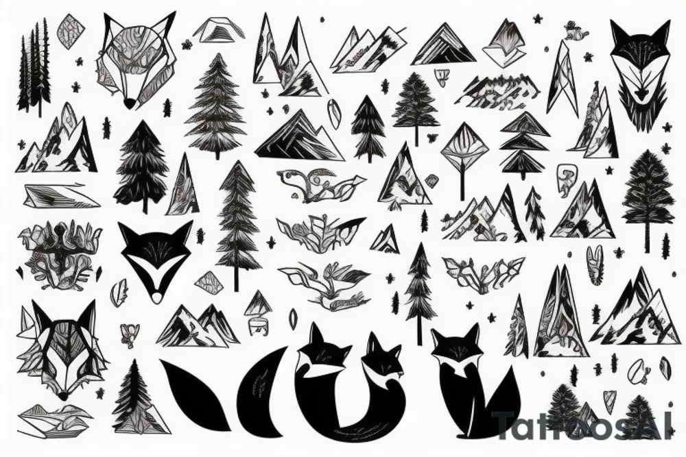 a fox in a forest with mountains tattoo idea