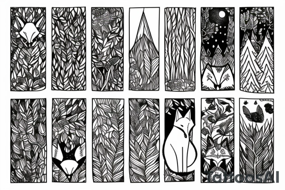 a fox in a forest with mountains tattoo idea