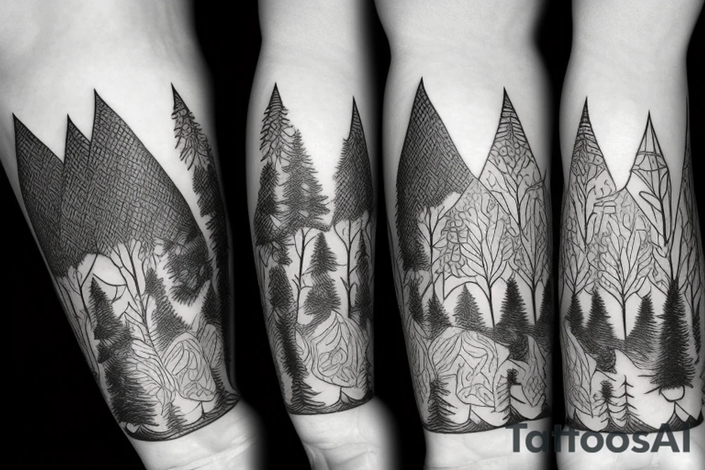 a fox in a forest with mountains tattoo idea