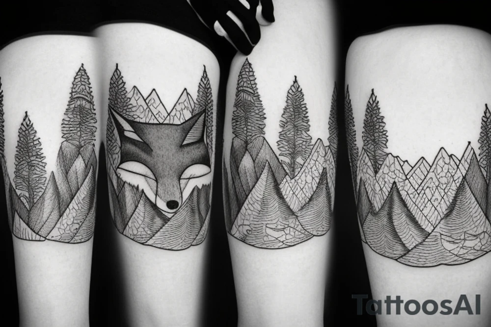 a fox in a forest with mountains tattoo idea