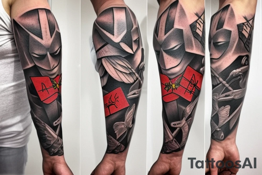 Arm sleeve, cross tattoo out of crutches with bridge, red cardinal origami, rubber duck, honey bee origami, little red tractor, Roman numerals fall 7 rise 8, Batman symbol tattoo idea