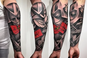 Arm sleeve, cross tattoo out of crutches with bridge, red cardinal origami, rubber duck, honey bee origami, little red tractor, Roman numerals fall 7 rise 8, Batman symbol tattoo idea