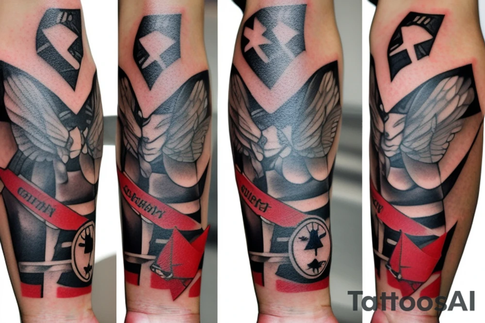 Arm sleeve, cross tattoo out of crutches with bridge, red cardinal origami, rubber duck, honey bee origami, little red tractor, Roman numerals fall 7 rise 8, Batman symbol tattoo idea
