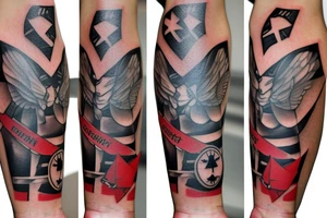 Arm sleeve, cross tattoo out of crutches with bridge, red cardinal origami, rubber duck, honey bee origami, little red tractor, Roman numerals fall 7 rise 8, Batman symbol tattoo idea