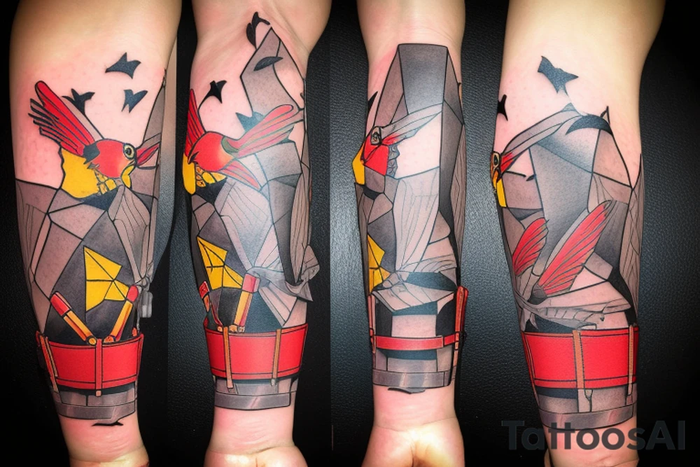 Arm sleeve, cross tattoo out of crutches with bridge, red cardinal origami, rubber duck, honey bee origami, little red tractor, batman symbol tattoo idea
