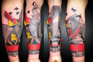Arm sleeve, cross tattoo out of crutches with bridge, red cardinal origami, rubber duck, honey bee origami, little red tractor, batman symbol tattoo idea