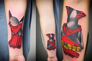 Arm sleeve, cross tattoo out of crutches with bridge, red cardinal origami, rubber duck, honey bee origami, little red tractor, batman symbol tattoo idea