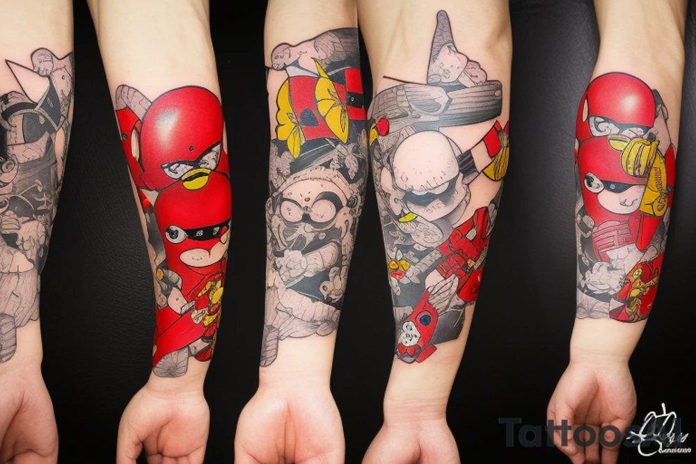 Arm sleeve, cross tattoo out of crutches with bridge, red cardinal , rubber duck, honey bee , little red tractor, batman symbol tattoo idea