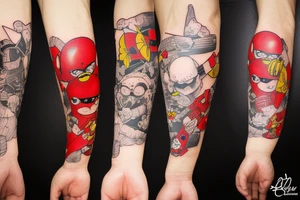 Arm sleeve, cross tattoo out of crutches with bridge, red cardinal , rubber duck, honey bee , little red tractor, batman symbol tattoo idea