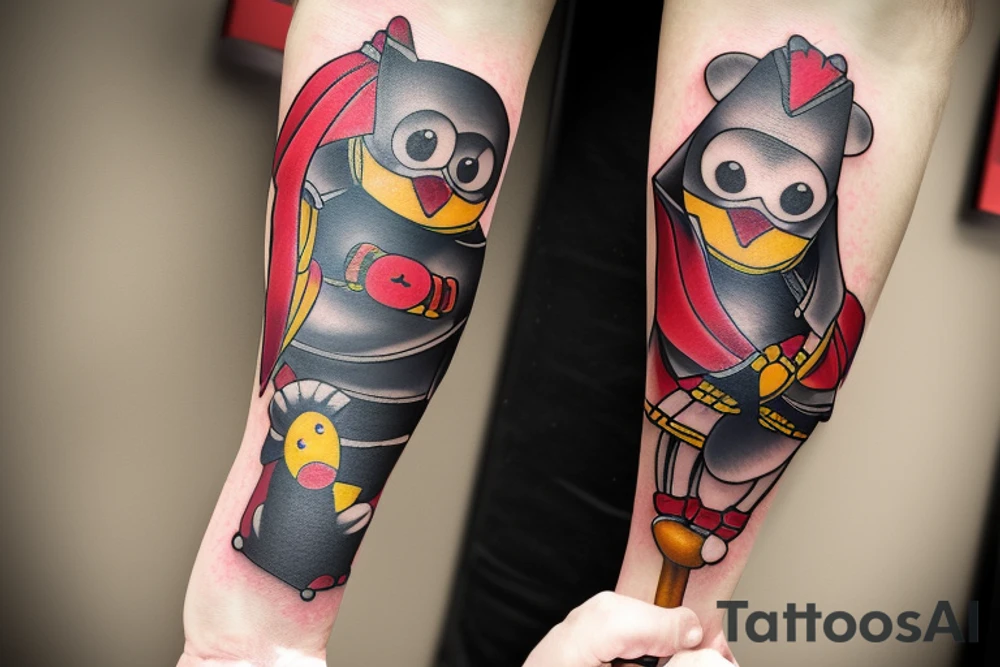 Arm sleeve, cross tattoo out of crutches with bridge, red cardinal , rubber duck, honey bee , little red tractor, batman symbol tattoo idea