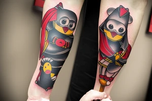Arm sleeve, cross tattoo out of crutches with bridge, red cardinal , rubber duck, honey bee , little red tractor, batman symbol tattoo idea