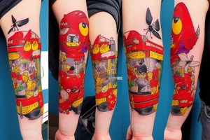 Arm sleeve, crossout of crutches with bridge, red cardinal , rubber duck, honey bee , little red tractor, batman symbol tattoo idea