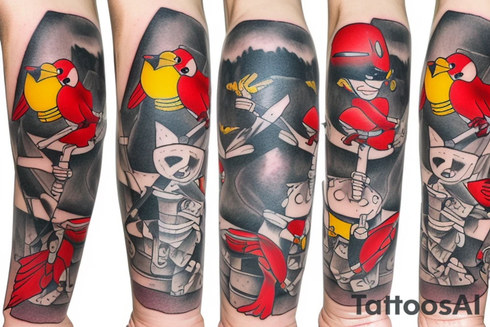 Arm sleeve, crossout of crutches with bridge, red cardinal , rubber duck, honey bee , little red tractor, batman symbol tattoo idea