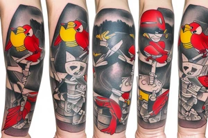 Arm sleeve, crossout of crutches with bridge, red cardinal , rubber duck, honey bee , little red tractor, batman symbol tattoo idea