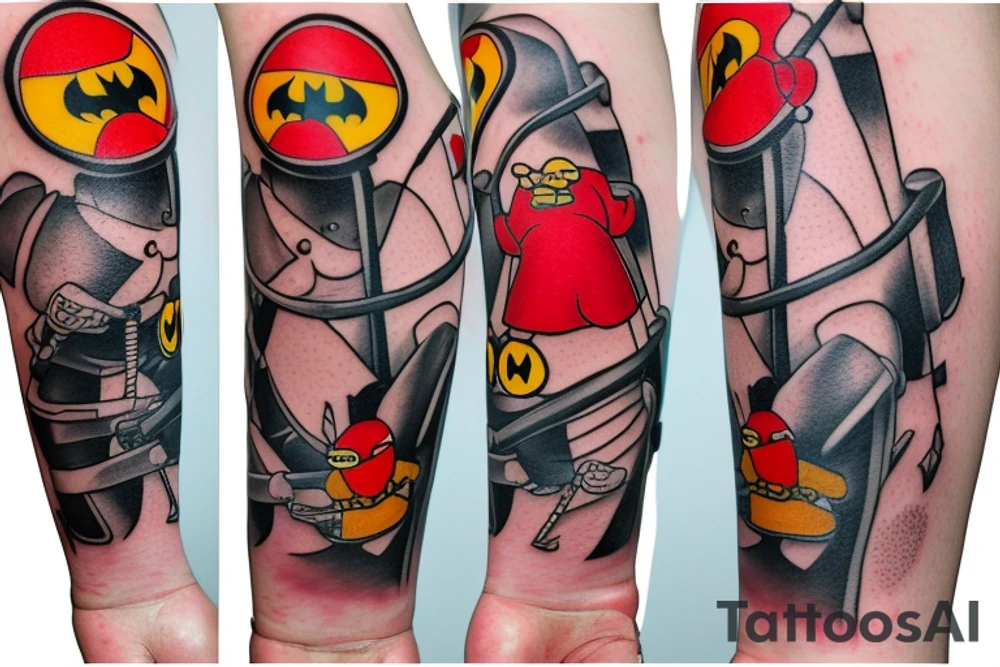Arm sleeve, cross 
out of crutches with bridge, red cardinal , rubber duck, honey bee , little red tractor, batman symbol tattoo idea