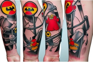 Arm sleeve, cross 
out of crutches with bridge, red cardinal , rubber duck, honey bee , little red tractor, batman symbol tattoo idea