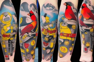 Arm sleeve, cross 
out of crutches with bridge, red cardinal , rubber duck, honey bee , little red tractor, batman symbol tattoo idea
