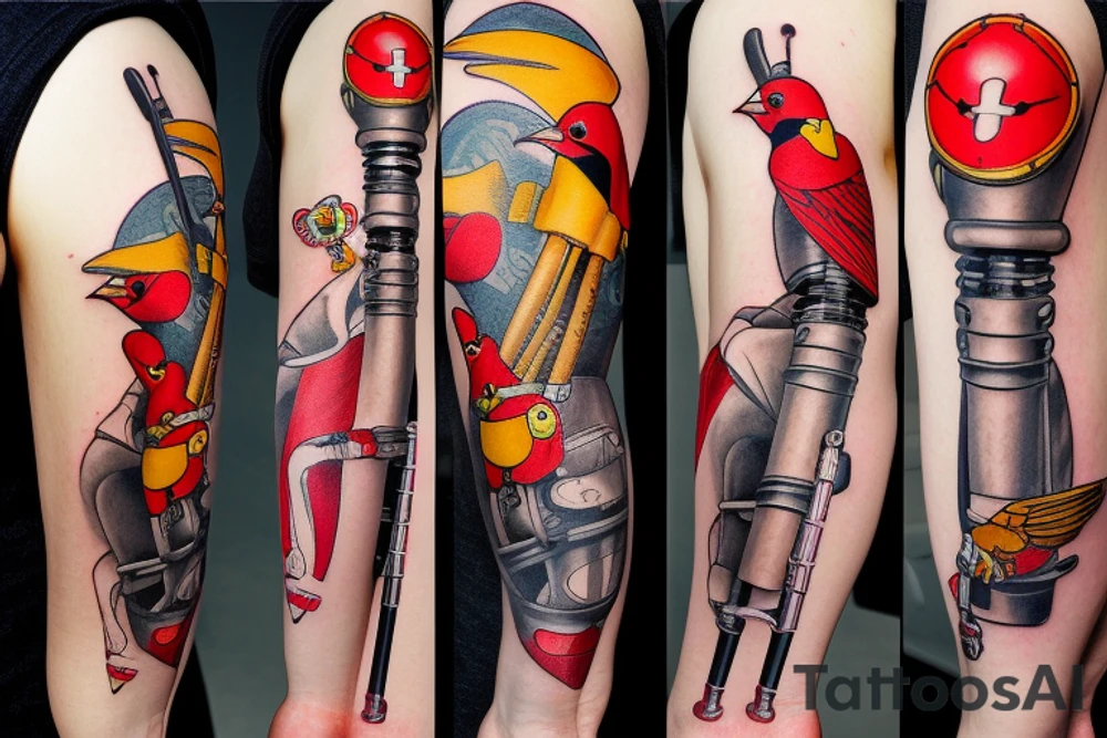 Arm sleeve, cross made 

out of crutches with bridge, red cardinal , rubber duck, honey bee , little red tractor, batman symbol tattoo idea