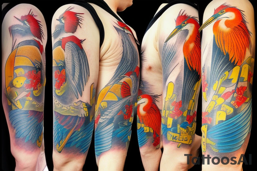 Tattoo sleeve:  blue heron, red cardinal, honey bee, Pittsburgh bridge, red tractor, Batman symbol, rubber duck tattoo idea