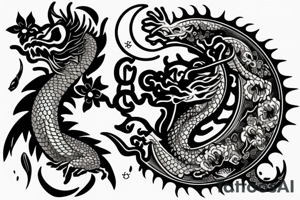 Dragon with flowers and a moon wrist sleeve tattoo idea