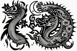 Dragon with flowers and a moon wrist sleeve tattoo idea