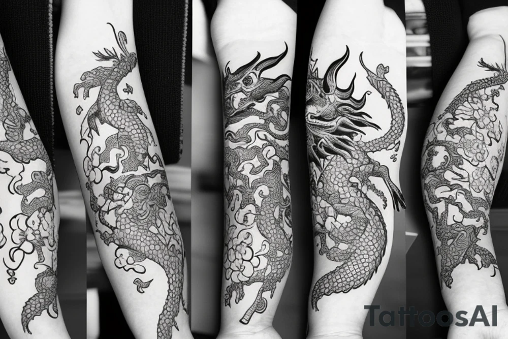 Dragon with flowers and a moon wrist sleeve tattoo idea