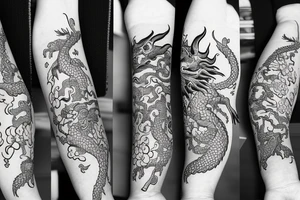 Dragon with flowers and a moon wrist sleeve tattoo idea