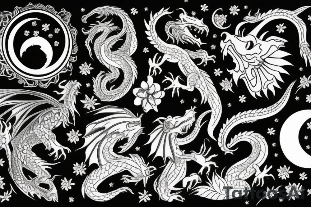 Dragon with flowers and a moon wrist sleeve tattoo idea