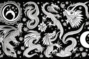 Dragon with flowers and a moon wrist sleeve tattoo idea