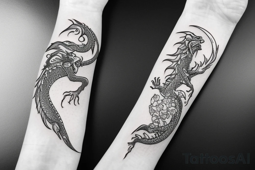 Dragon with flowers and a moon wrist sleeve tattoo idea