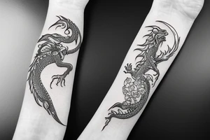 Dragon with flowers and a moon wrist sleeve tattoo idea