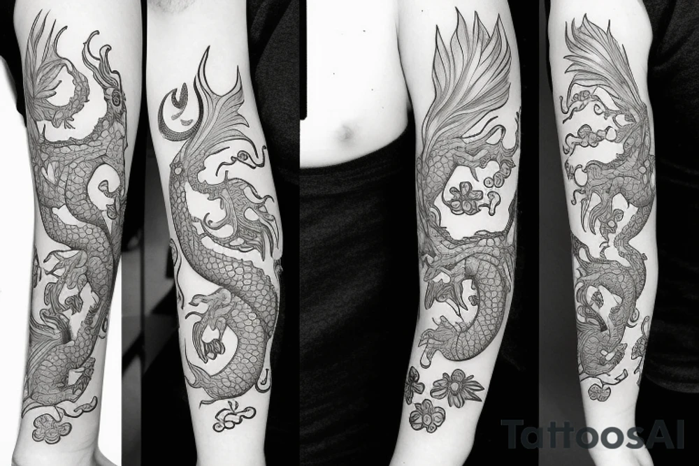 Dragon with flowers and a moon wrist sleeve tattoo idea