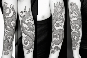 Dragon with flowers and a moon wrist sleeve tattoo idea