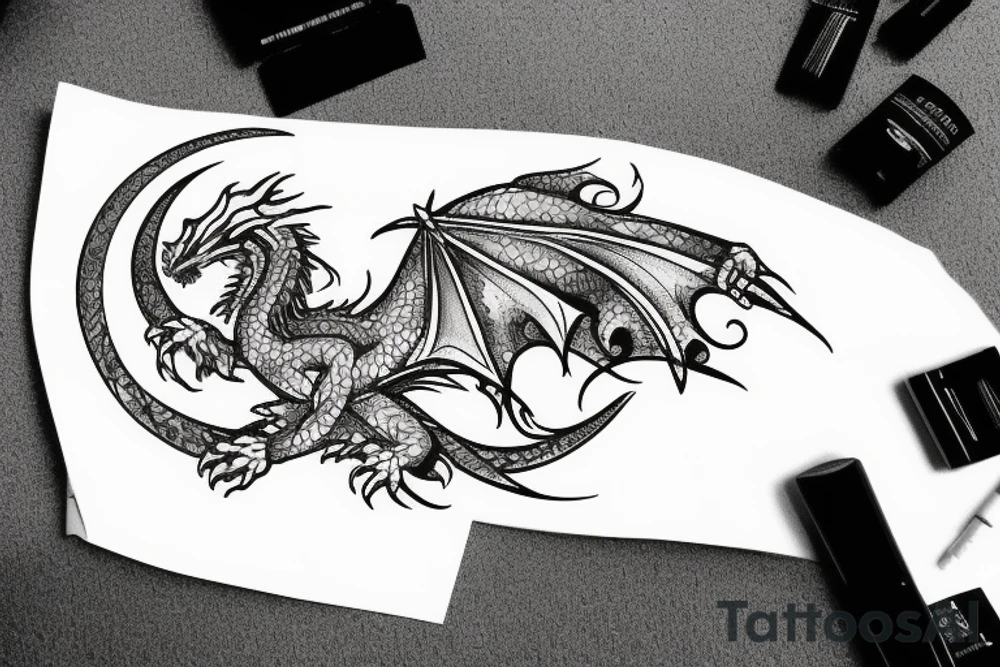 Dragon with flowers and a moon wrist sleeve tattoo idea