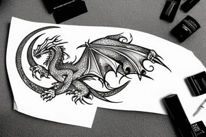 Dragon with flowers and a moon wrist sleeve tattoo idea