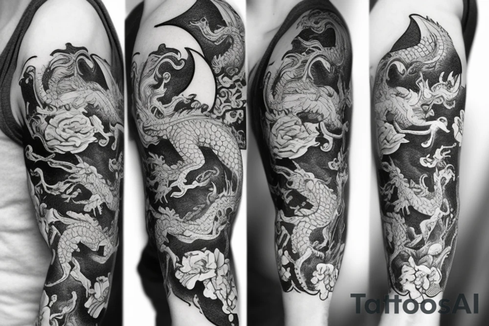 Dragon with flowers and a moon wrist sleeve tattoo idea