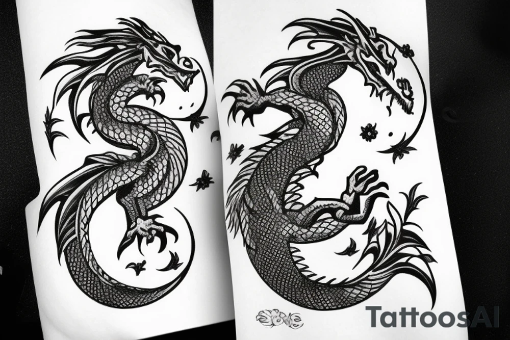 Dragon with flowers and a moon wrist sleeve tattoo idea