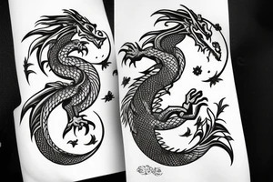Dragon with flowers and a moon wrist sleeve tattoo idea