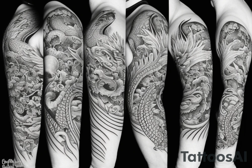 Dragon with flowers and a moon wrist sleeve tattoo idea